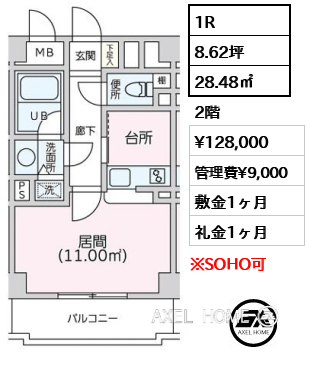 1R 28.48㎡  賃料¥128,000 管理費¥9,000 敷金1ヶ月 礼金1ヶ月