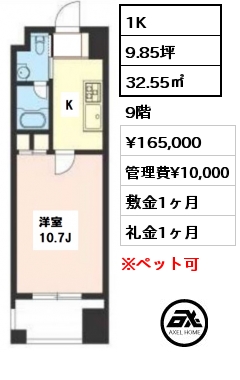 間取り9 1K 32.55㎡ 9階 賃料¥165,000 管理費¥10,000 敷金1ヶ月 礼金1ヶ月 6月上旬退去予定