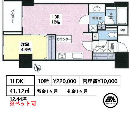 間取り9 1LDK 41.12㎡  賃料¥220,000 管理費¥10,000 敷金1ヶ月 礼金1ヶ月