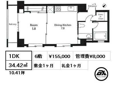 間取り9 1DK 34.42㎡ 6階 賃料¥155,000 管理費¥8,000 敷金1ヶ月 礼金1ヶ月