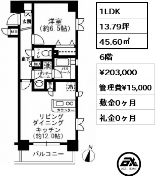 間取り9 1LDK 45.60㎡ 6階 賃料¥213,000 管理費¥15,000 敷金0ヶ月 礼金0ヶ月