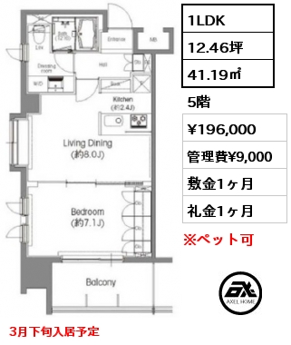 間取り9 1LDK 41.19㎡ 5階 賃料¥196,000 管理費¥9,000 敷金1ヶ月 礼金1ヶ月 3月下旬入居予定