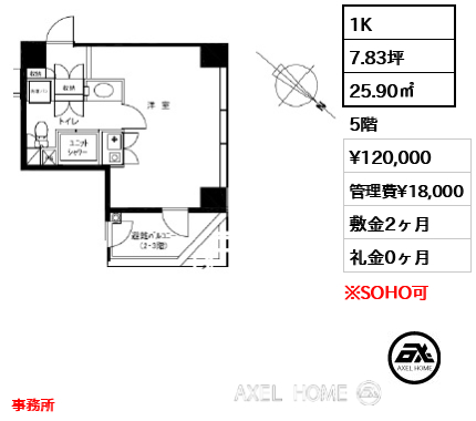 1K 25.90㎡  賃料¥120,000 管理費¥18,000 敷金2ヶ月 礼金0ヶ月 事務所