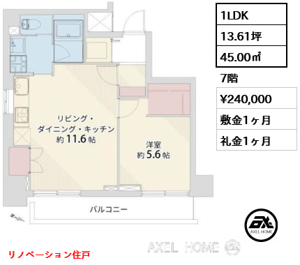 1LDK 45.00㎡  賃料¥240,000 敷金1ヶ月 礼金1ヶ月 リノベーション住戸