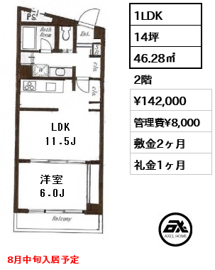 間取り9 1LDK 46.28㎡  賃料¥142,000 管理費¥8,000 敷金2ヶ月 礼金1ヶ月 8月中旬入居予定