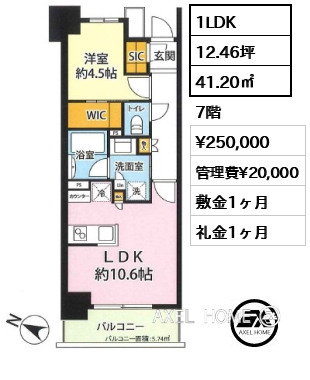 1LDK 41.20㎡  賃料¥250,000 管理費¥20,000 敷金1ヶ月 礼金1ヶ月