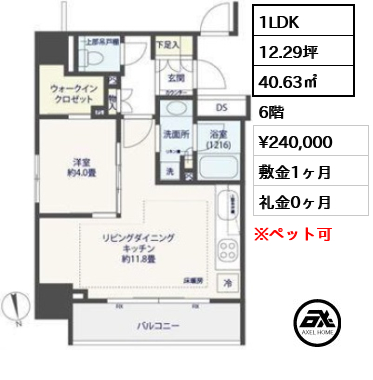 間取り9 1LDK 40.63㎡  賃料¥240,000 敷金1ヶ月 礼金0ヶ月