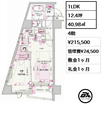 間取り9 1LDK 40.98㎡  賃料¥215,500 管理費¥24,500 敷金1ヶ月 礼金1ヶ月