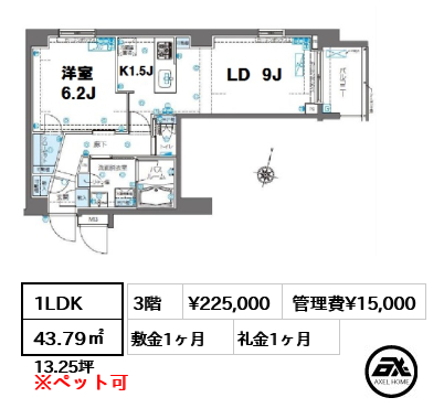 間取り9 1LDK 43.79㎡  賃料¥225,000 管理費¥15,000 敷金1ヶ月 礼金1ヶ月