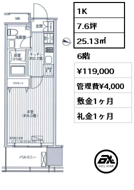 間取り9 1K 25.13㎡ 6階 賃料¥119,000 管理費¥4,000 敷金1ヶ月 礼金1ヶ月 2月下旬頃内見可能予定