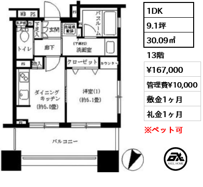 間取り9 1DK 30.09㎡  賃料¥167,000 管理費¥10,000 敷金1ヶ月 礼金1ヶ月