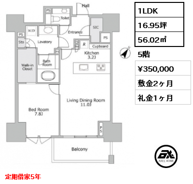 間取り9 1LDK 56.02㎡ 5階 賃料¥350,000 敷金2ヶ月 礼金1ヶ月 定期借家5年　　　　 　
