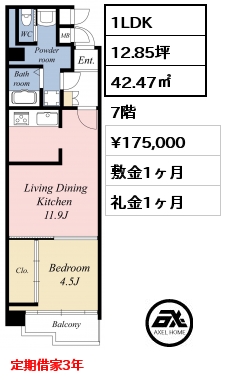 間取り9 1LDK 42.47㎡ 7階 賃料¥175,000 敷金1ヶ月 礼金1ヶ月 定期借家3年　