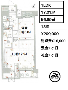 1LDK 56.89㎡ 13階 賃料¥209,000 管理費¥16,000 敷金1ヶ月 礼金1ヶ月