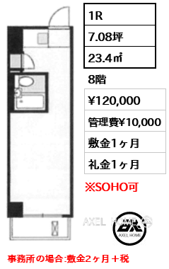 1R 23.4㎡  賃料¥120,000 管理費¥10,000 敷金1ヶ月 礼金1ヶ月 事務所の場合:敷金2ヶ月＋税