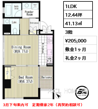 1LDK 41.13㎡  賃料¥205,000 敷金1ヶ月 礼金2ヶ月 3月下旬案内可　定期借家2年（再契約相談可）