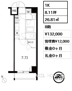 1K 26.81㎡  賃料¥132,000 管理費¥12,000 敷金0ヶ月 礼金0ヶ月