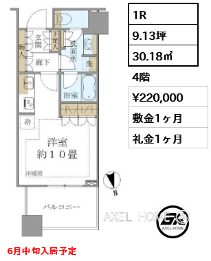 1R 30.18㎡  賃料¥220,000 敷金1ヶ月 礼金1ヶ月 6月中旬入居予定
