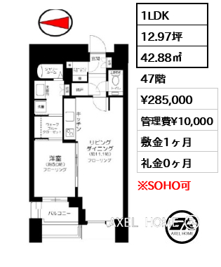 1LDK 42.88㎡  賃料¥285,000 管理費¥10,000 敷金1ヶ月 礼金0ヶ月