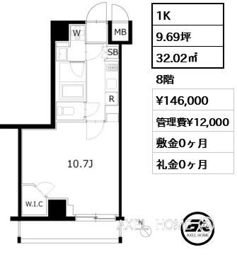 1K 32.02㎡  賃料¥146,000 管理費¥12,000 敷金0ヶ月 礼金0ヶ月