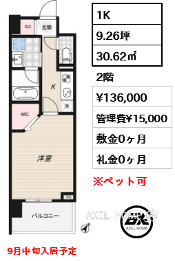 1K 30.62㎡  賃料¥136,000 管理費¥15,000 敷金0ヶ月 礼金0ヶ月 9月中旬入居予定