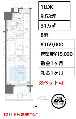 1LDK 31.5㎡  賃料¥169,000 管理費¥15,000 敷金1ヶ月 礼金1ヶ月 12月下旬退去予定