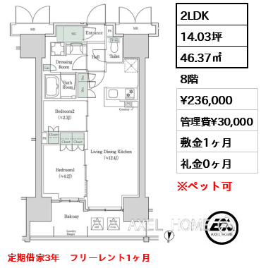2LDK 46.37㎡  賃料¥236,000 管理費¥30,000 敷金1ヶ月 礼金0ヶ月 定期借家3年　フリーレント1ヶ月