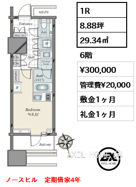 1R 29.34㎡  賃料¥300,000 管理費¥20,000 敷金1ヶ月 礼金1ヶ月 ノースヒル　定期借家4年