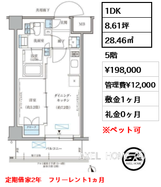 1DK 28.46㎡  賃料¥198,000 管理費¥12,000 敷金1ヶ月 礼金0ヶ月 定期借家2年　フリーレント1ヵ月
