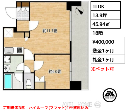 1LDK 45.94㎡  賃料¥400,000 敷金1ヶ月 礼金1ヶ月 定期借家3年　ハイルーフ(フラット)1台賃料込み