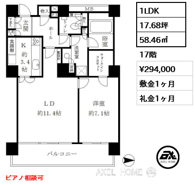 1LDK 58.46㎡  賃料¥294,000 敷金1ヶ月 礼金1ヶ月 ピアノ相談可