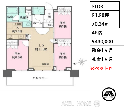 3LDK 70.34㎡  賃料¥430,000 敷金1ヶ月 礼金1ヶ月