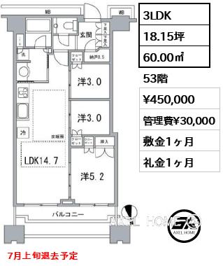 3LDK 60.00㎡  賃料¥450,000 管理費¥30,000 敷金1ヶ月 礼金1ヶ月 7月上旬退去予定