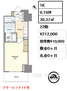 1K 30.37㎡  賃料¥212,000 管理費¥10,000 敷金0ヶ月 礼金0ヶ月 フリーレント1ヶ月　　