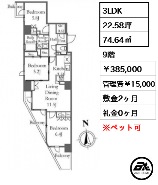 プライムアーバン新宿夏目坂タワーレジデンス 385,000円